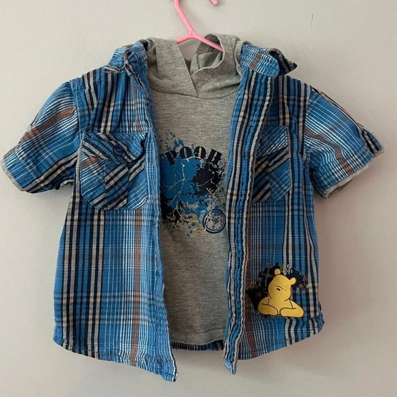 Disney Other - Disney Baby Winnie  The Pooh Attached Hoodie & Plaid Shirt | Size 18M Baby Boy